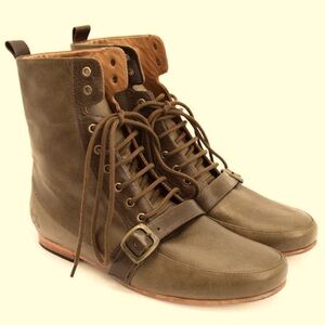 John Fluevog World Abassi Leather Boots Lace Up Toe Strap Accent Green Color 11